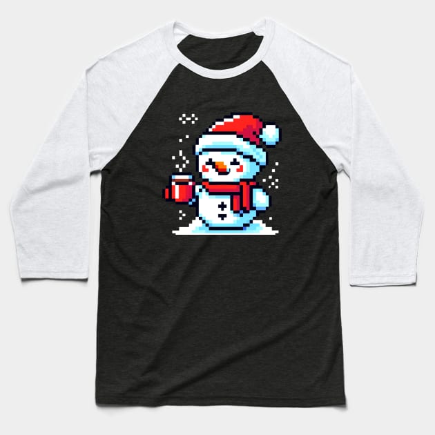 Pixel Art Snowman Enjoying Coffee - Winter Holiday Design Baseball T-Shirt by Pixel Punkster